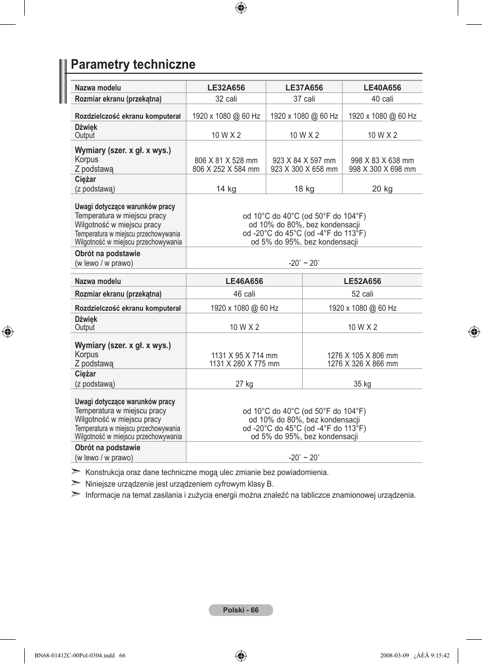 Parametry techniczne | Samsung LE37A656A1F User Manual | Page 204 / 614