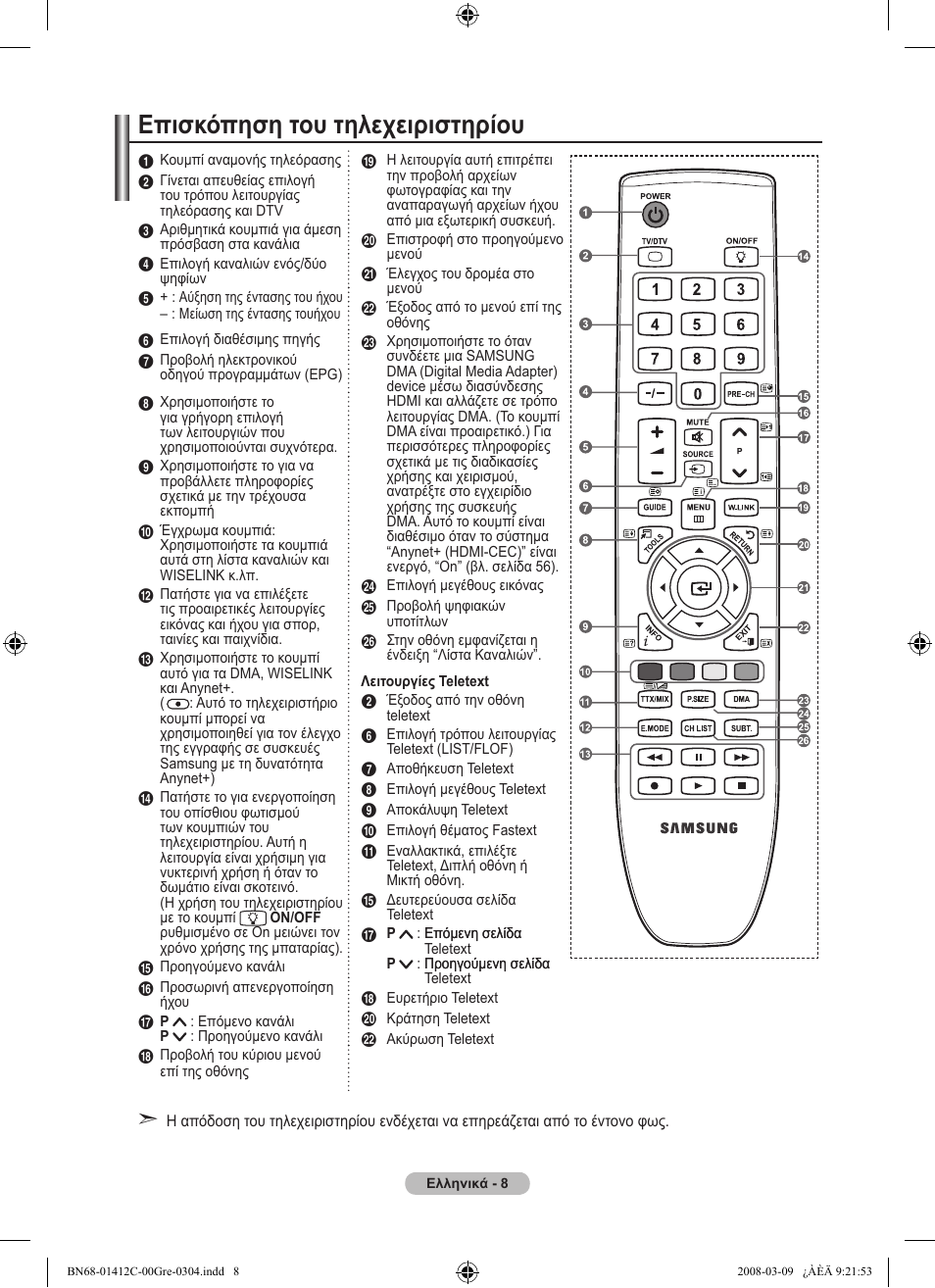 Επισκόπηση του τηλεχειριστηρίου | Samsung LE37A656A1F User Manual | Page 214 / 614