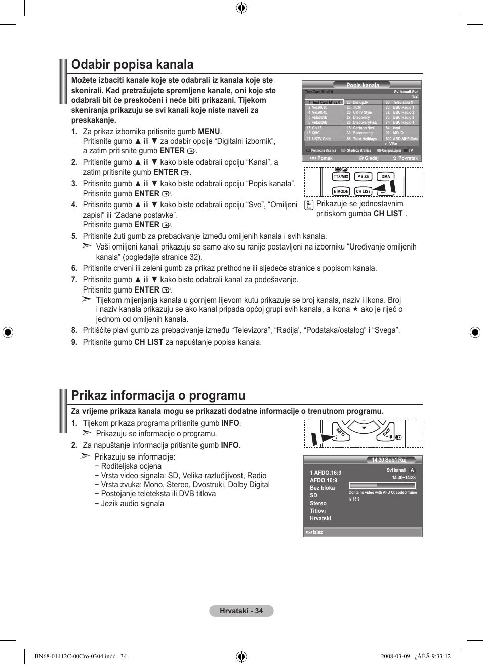 Odabir popisa kanala, Prikaz informacija o programu | Samsung LE37A656A1F User Manual | Page 376 / 614