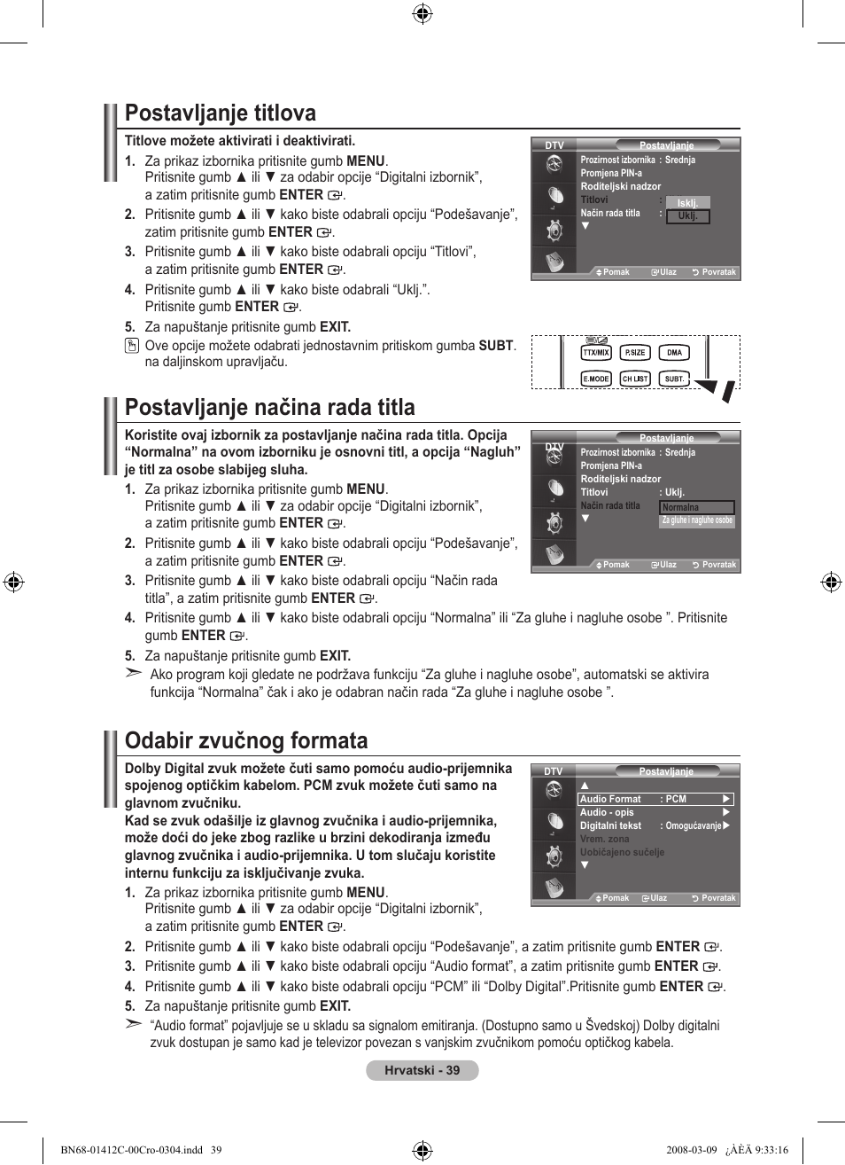 Postavljanje titlova, Postavljanje načina rada titla, Odabir zvučnog formata | Samsung LE37A656A1F User Manual | Page 381 / 614