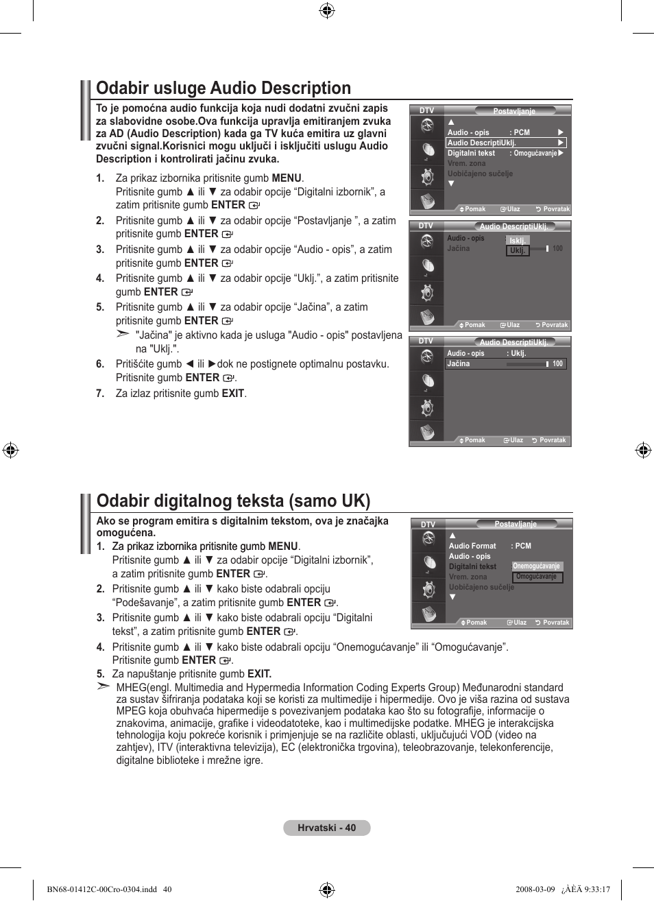 Odabir digitalnog teksta (samo uk), Odabir usluge audio description | Samsung LE37A656A1F User Manual | Page 382 / 614