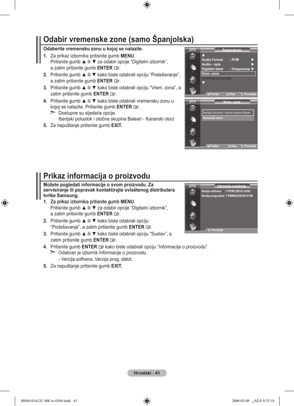 Odabir vremenske zone (samo španjolska), Prikaz informacija o proizvodu | Samsung LE37A656A1F User Manual | Page 383 / 614