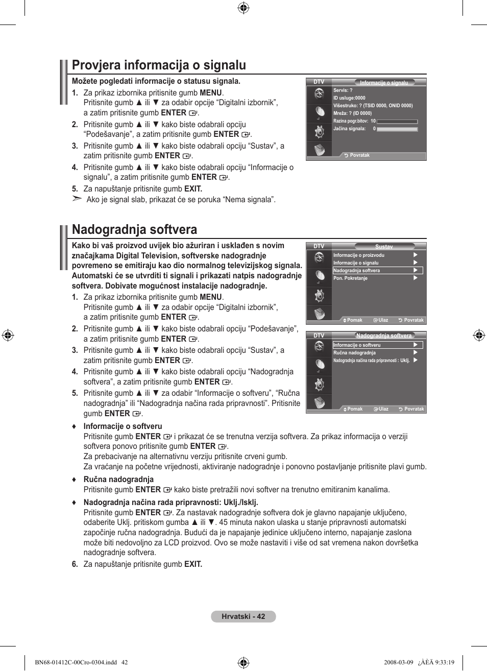 Provjera informacija o signalu, Nadogradnja softvera | Samsung LE37A656A1F User Manual | Page 384 / 614