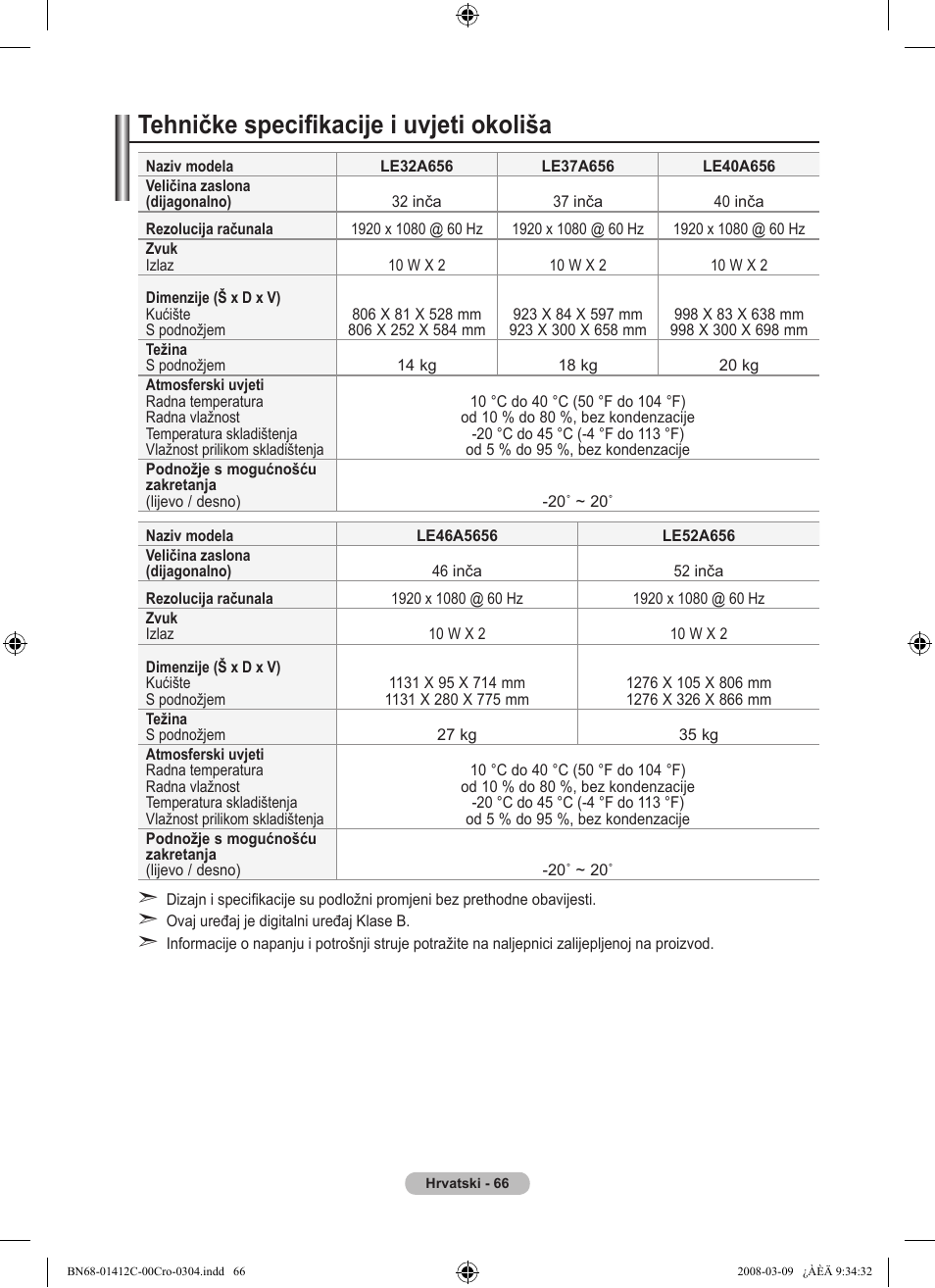 Tehničke specifikacije i uvjeti okoliša | Samsung LE37A656A1F User Manual | Page 408 / 614