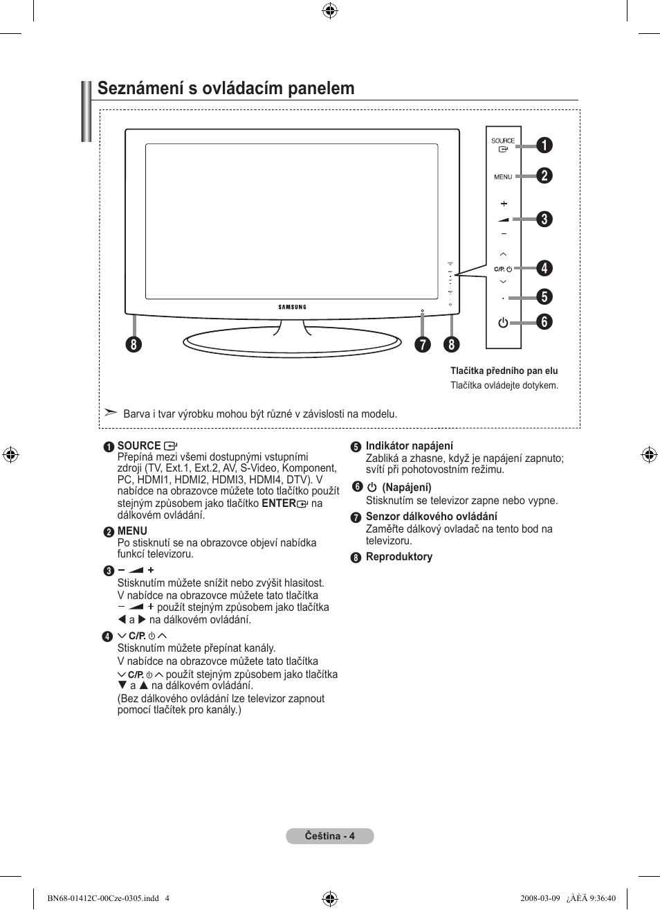 Seznámení s ovládacím panelem | Samsung LE37A656A1F User Manual | Page 414 / 614