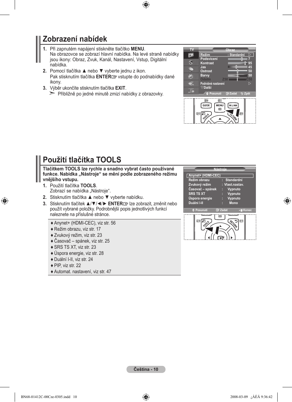 Zobrazení nabídek, Použití tlačítka tools | Samsung LE37A656A1F User Manual | Page 420 / 614