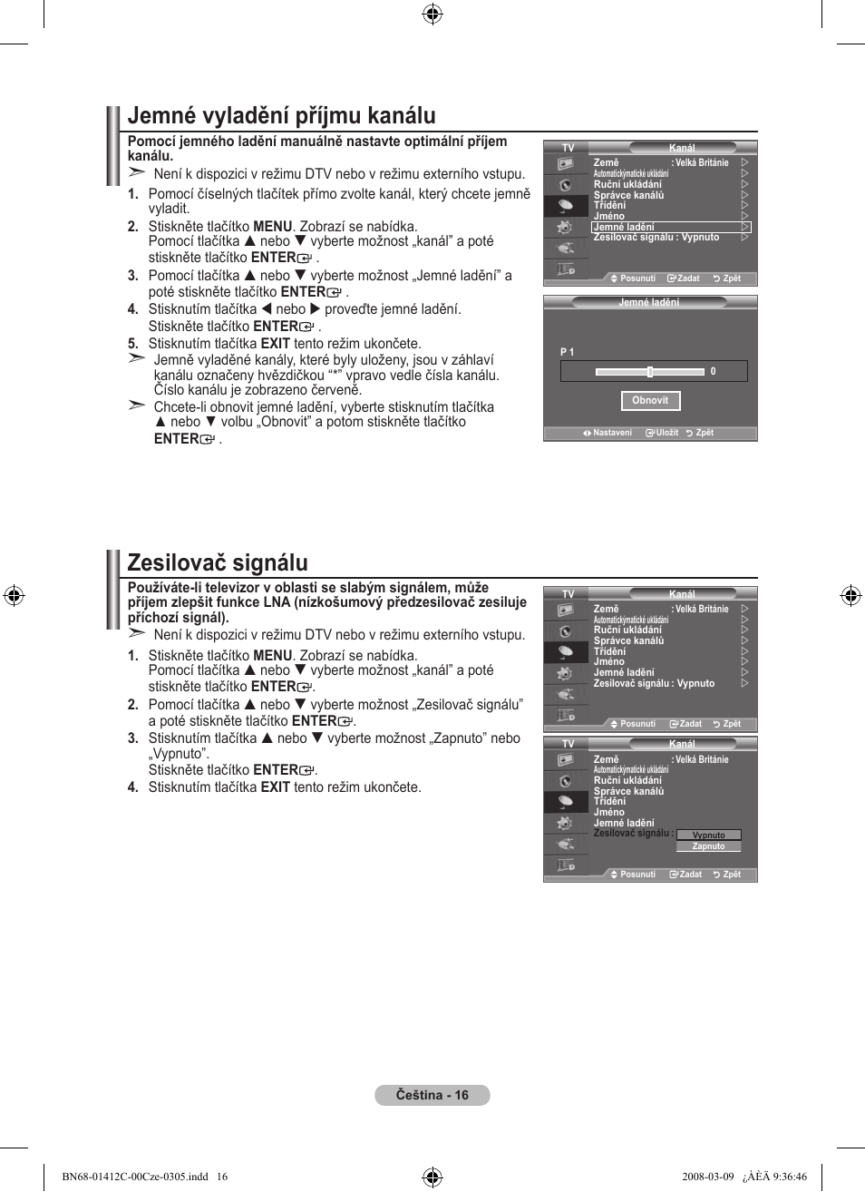 Jemné vyladění příjmu kanálu, Zesilovač signálu | Samsung LE37A656A1F User Manual | Page 426 / 614