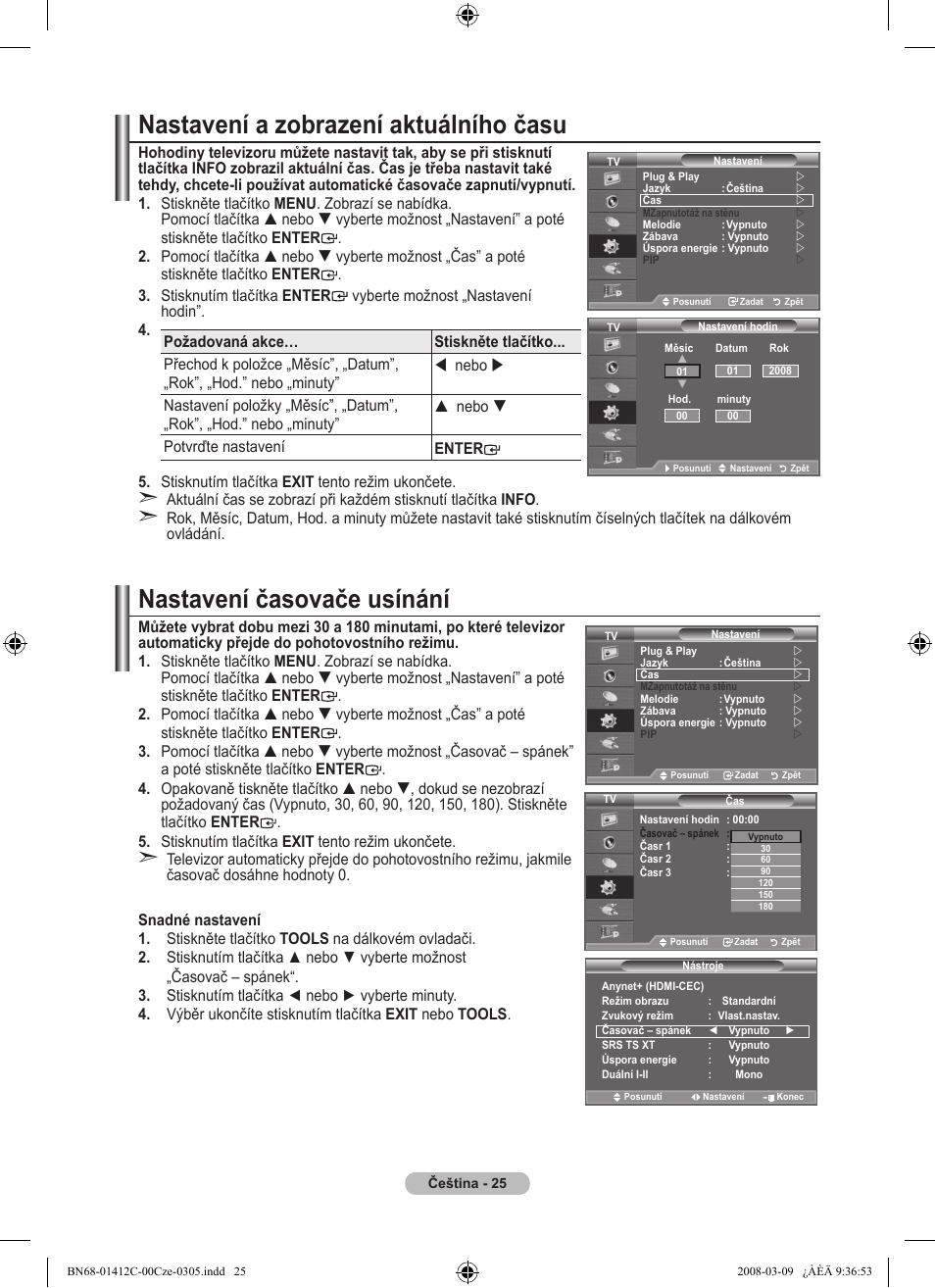 Nastavení a zobrazení aktuálního času, Nastavení časovače usínání | Samsung LE37A656A1F User Manual | Page 435 / 614