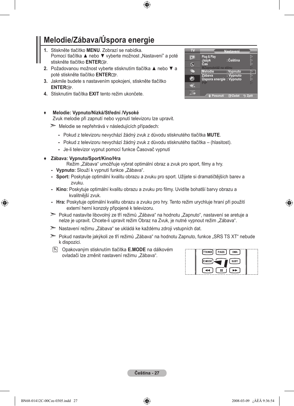Melodie/zábava/úspora energie | Samsung LE37A656A1F User Manual | Page 437 / 614