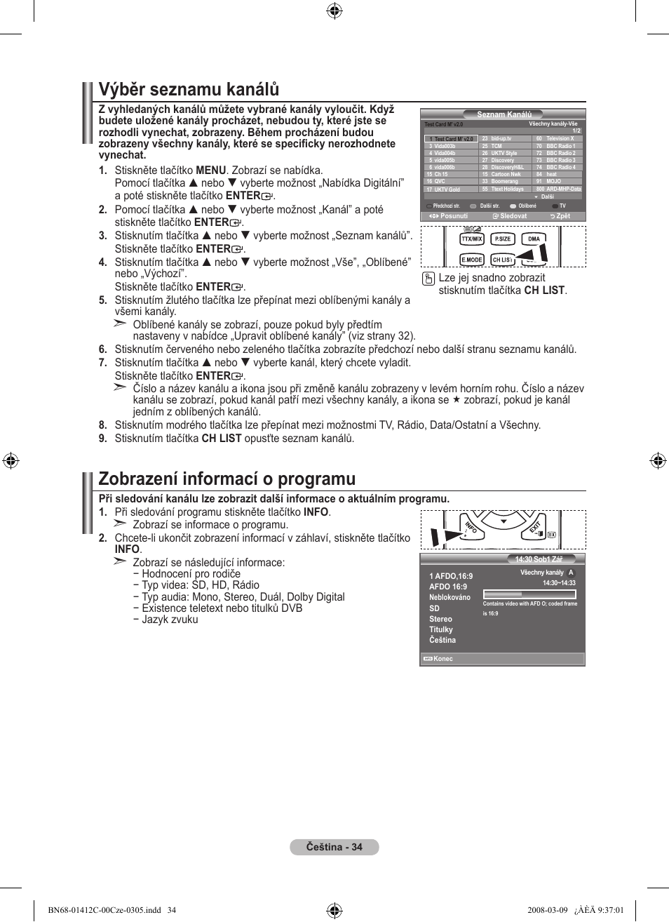 Výběr seznamu kanálů, Zobrazení informací o programu | Samsung LE37A656A1F User Manual | Page 444 / 614