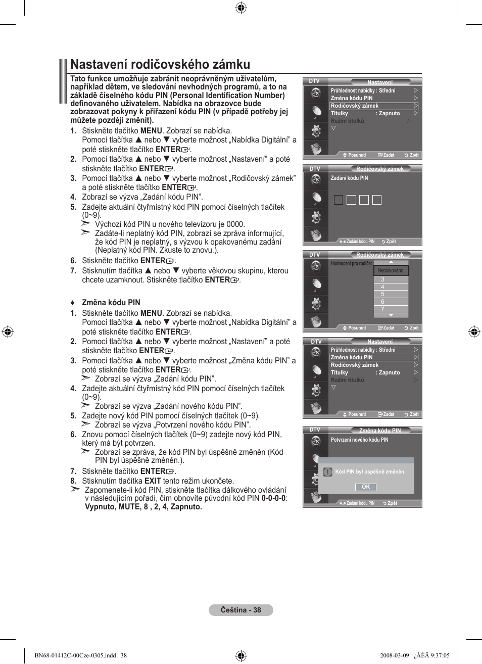 Nastavení rodičovského zámku | Samsung LE37A656A1F User Manual | Page 448 / 614