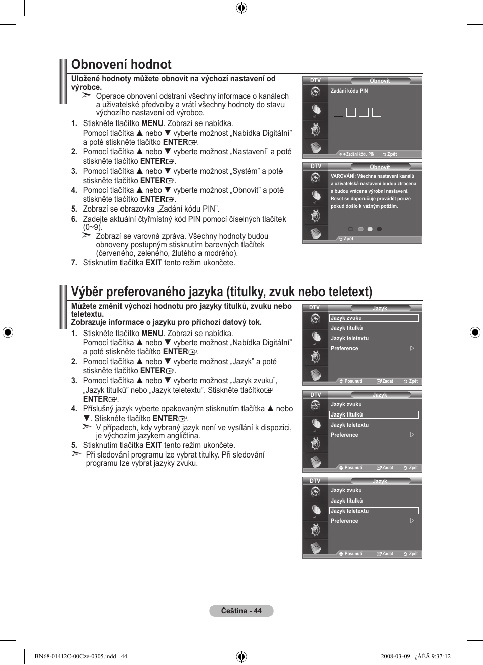Obnovení hodnot | Samsung LE37A656A1F User Manual | Page 454 / 614