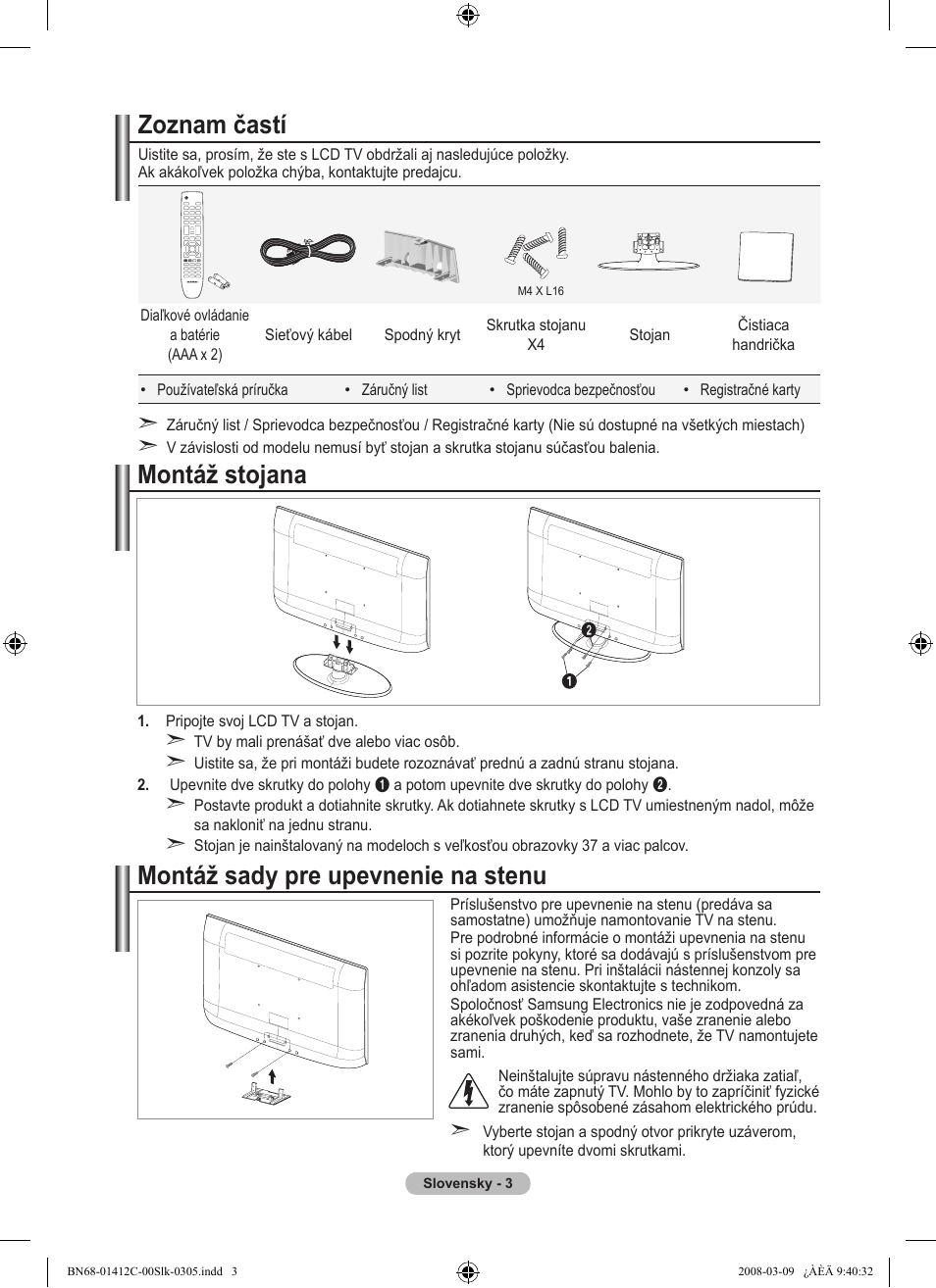 Zoznam častí, Montáž sady pre upevnenie na stenu, Montáž stojana | Samsung LE37A656A1F User Manual | Page 481 / 614