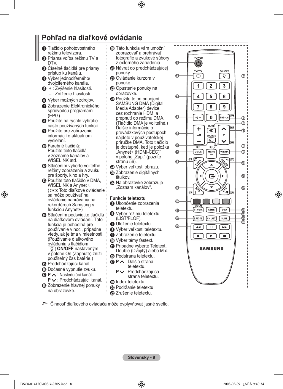 Pohľad na diaľkové ovládanie | Samsung LE37A656A1F User Manual | Page 486 / 614