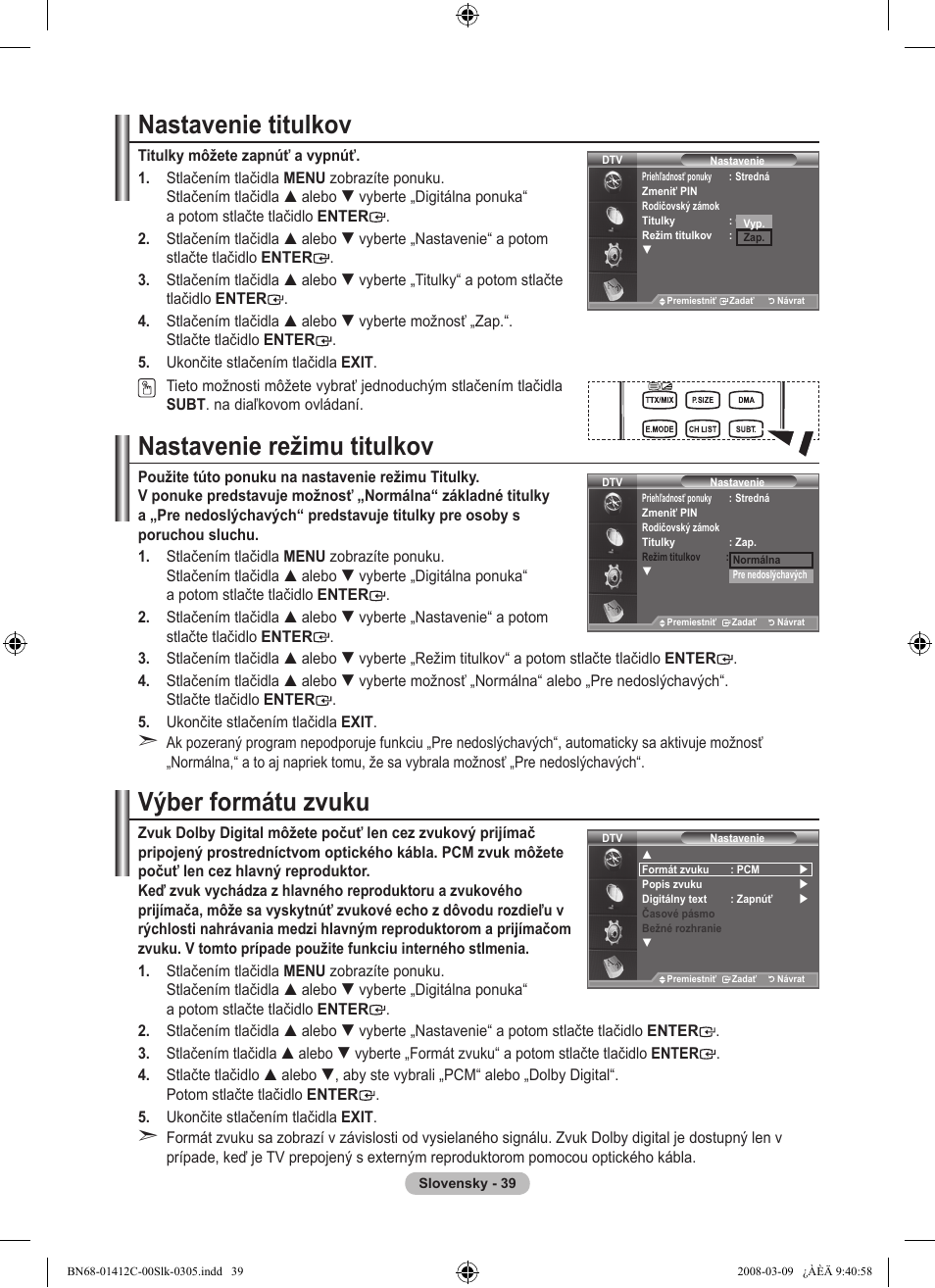 Nastavenie titulkov, Nastavenie režimu titulkov, Výber formátu zvuku | Samsung LE37A656A1F User Manual | Page 517 / 614