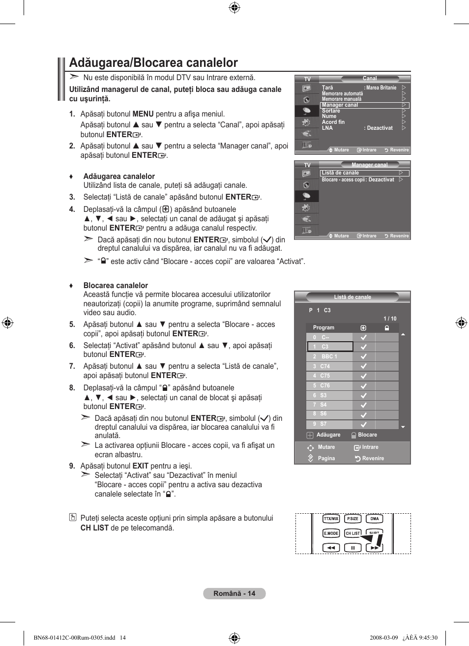 Adăugarea/blocarea canalelor | Samsung LE37A656A1F User Manual | Page 560 / 614