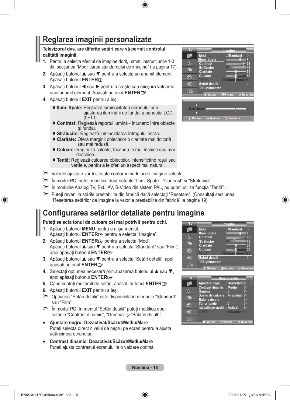 Reglarea imaginii personalizate, Configurarea setărilor detaliate pentru imagine | Samsung LE37A656A1F User Manual | Page 564 / 614