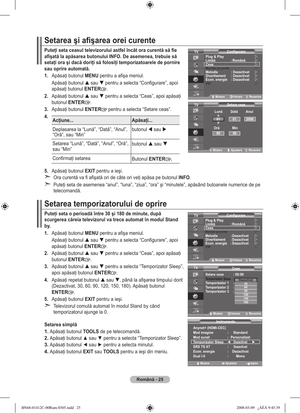 Setarea şi afişarea orei curente, Setarea temporizatorului de oprire | Samsung LE37A656A1F User Manual | Page 571 / 614
