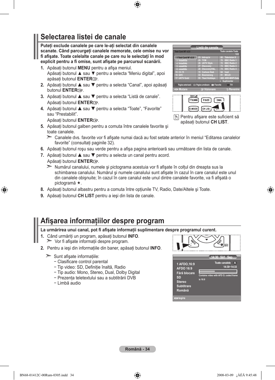 Selectarea listei de canale, Afişarea informaţiilor despre program | Samsung LE37A656A1F User Manual | Page 580 / 614