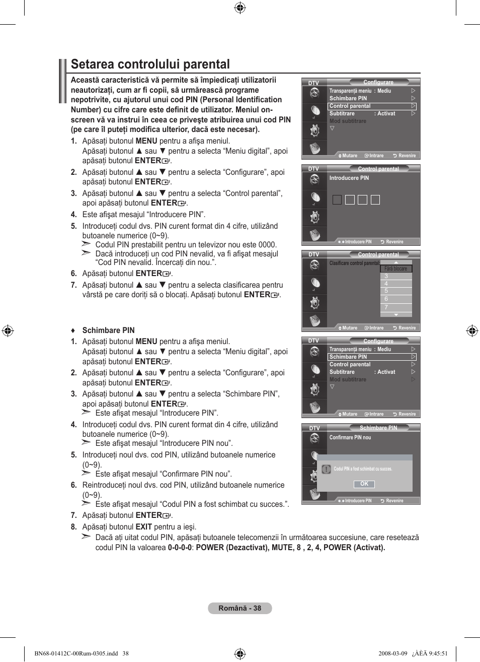 Setarea controlului parental | Samsung LE37A656A1F User Manual | Page 584 / 614