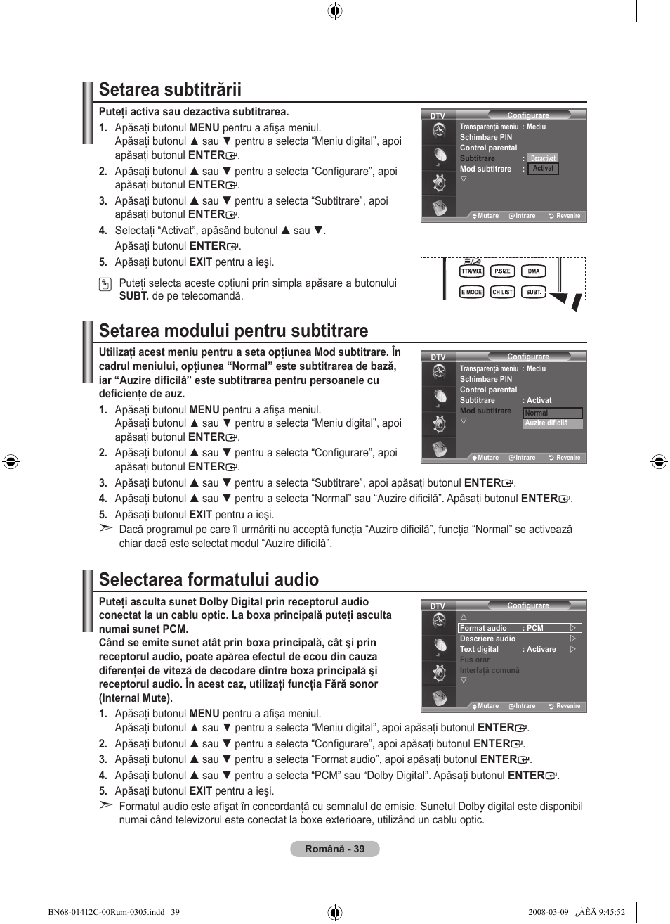 Setarea subtitrării, Setarea modului pentru subtitrare, Selectarea formatului audio | Samsung LE37A656A1F User Manual | Page 585 / 614