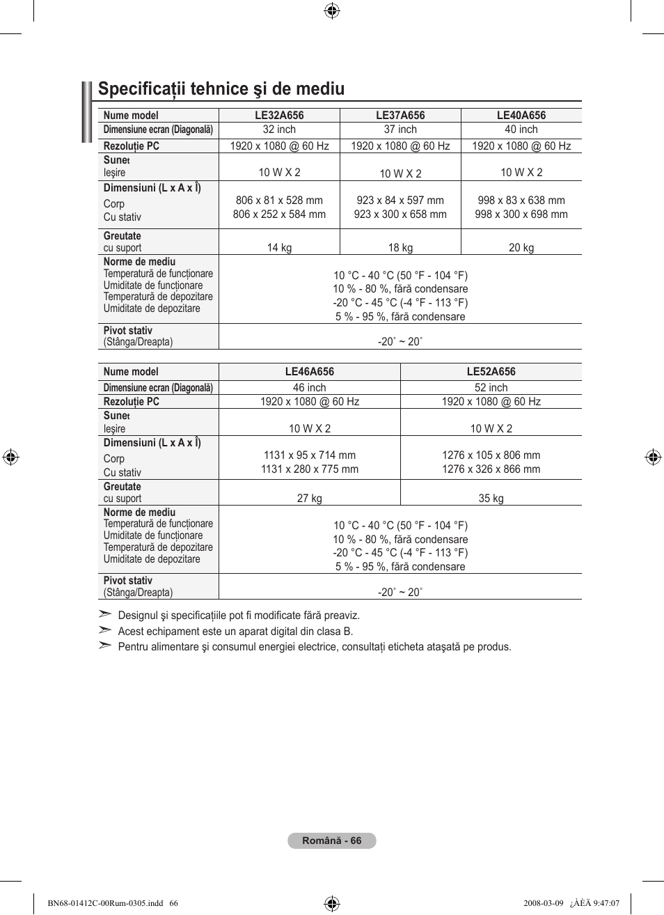 Specificaţii tehnice şi de mediu | Samsung LE37A656A1F User Manual | Page 612 / 614