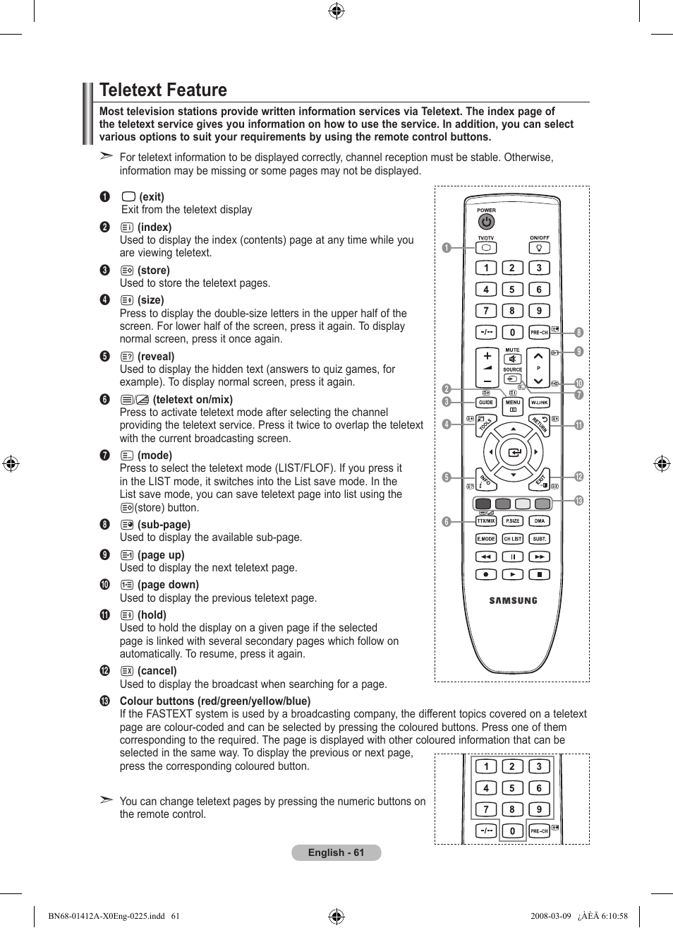 Recommendations for use, Teletext feature | Samsung LE37A656A1F User Manual | Page 63 / 614