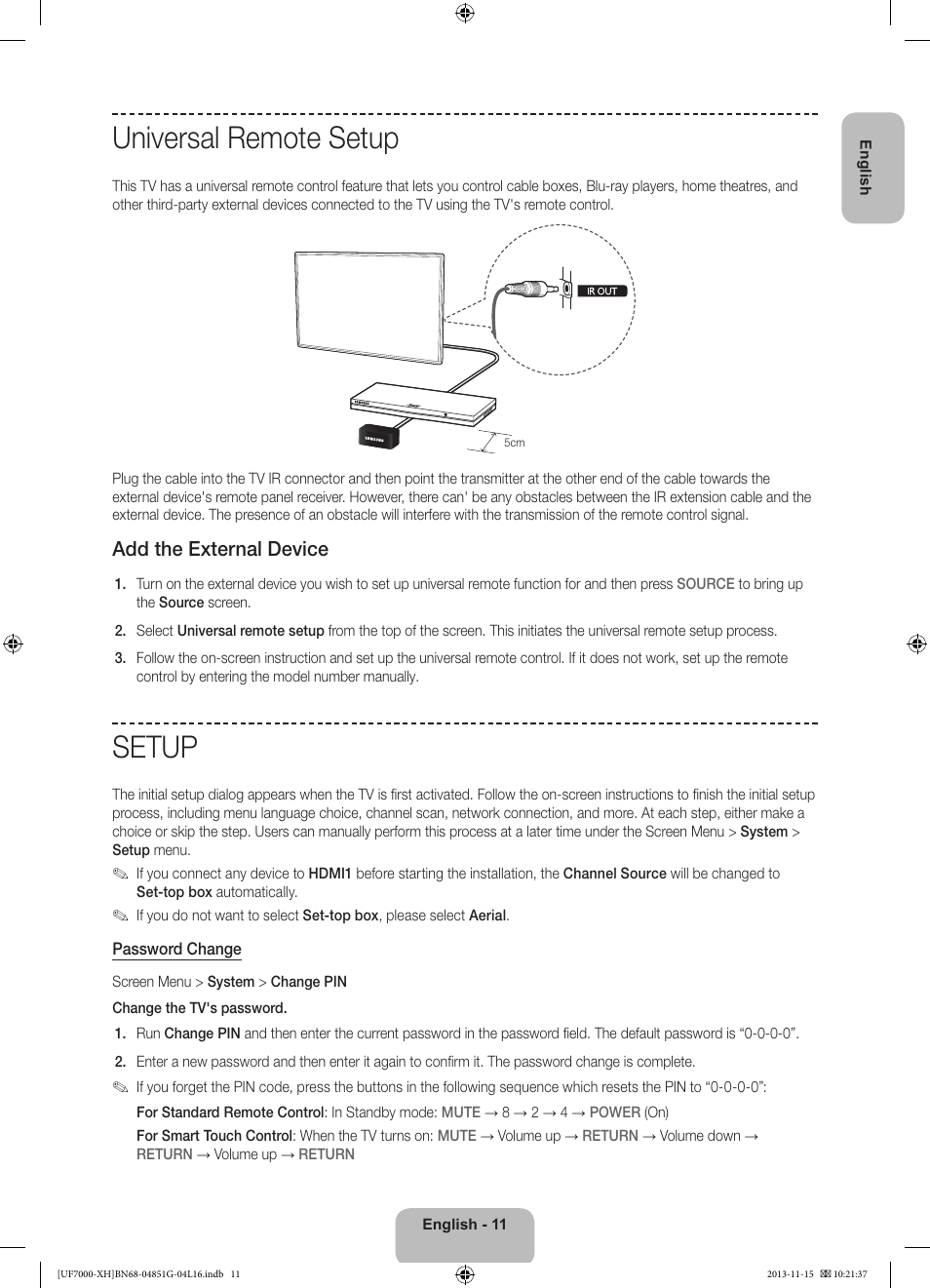 Universal remote setup, Setup, Add the external device | Samsung UE40F7000ST User Manual | Page 11 / 385