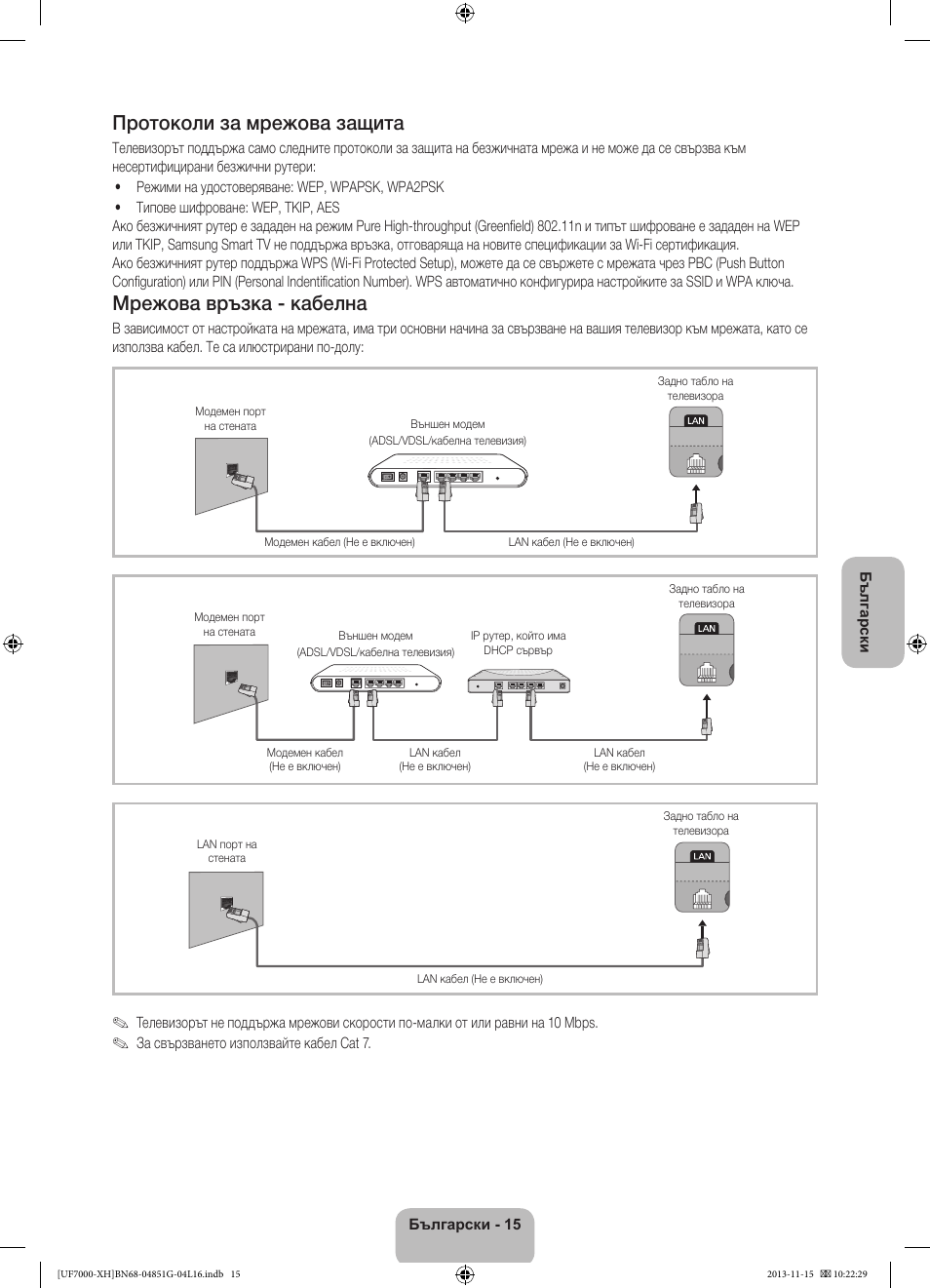 Протоколи за мрежова защита, Мрежова връзка - кабелна | Samsung UE40F7000ST User Manual | Page 111 / 385