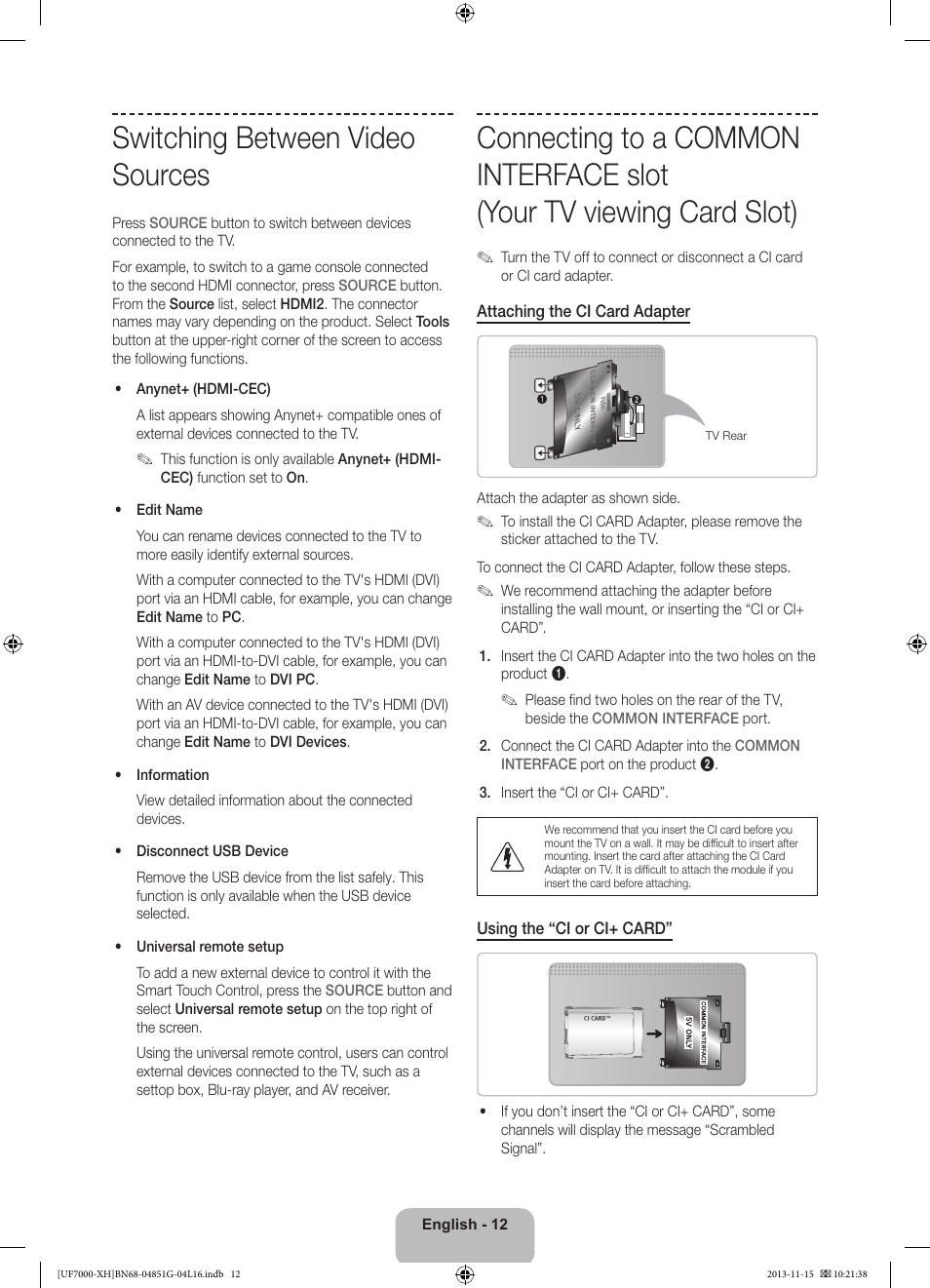 Switching between video sources | Samsung UE40F7000ST User Manual | Page 12 / 385