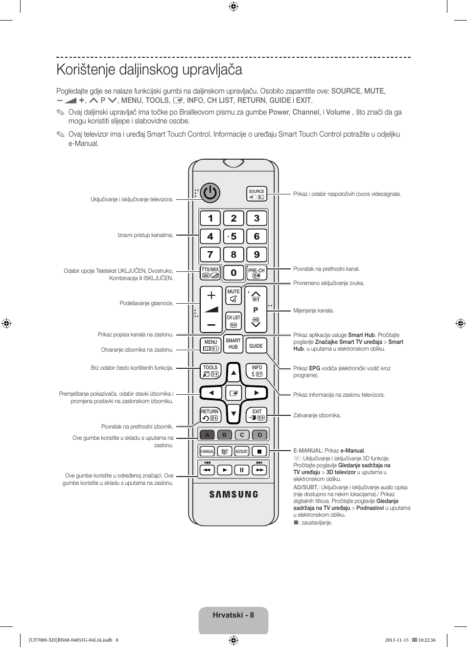 Korištenje daljinskog upravljača | Samsung UE40F7000ST User Manual | Page 128 / 385