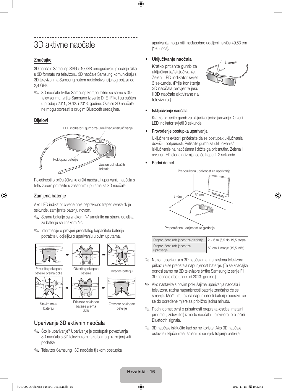 3d aktivne naočale, Uparivanje 3d aktivnih naočala | Samsung UE40F7000ST User Manual | Page 136 / 385