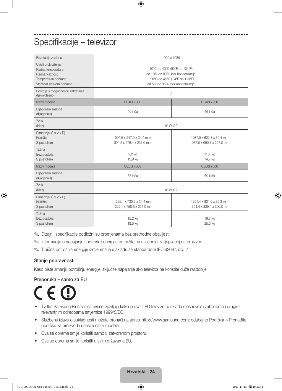 Specifikacije – televizor, Stanje pripravnosti, Preporuka – samo za eu | Samsung UE40F7000ST User Manual | Page 144 / 385