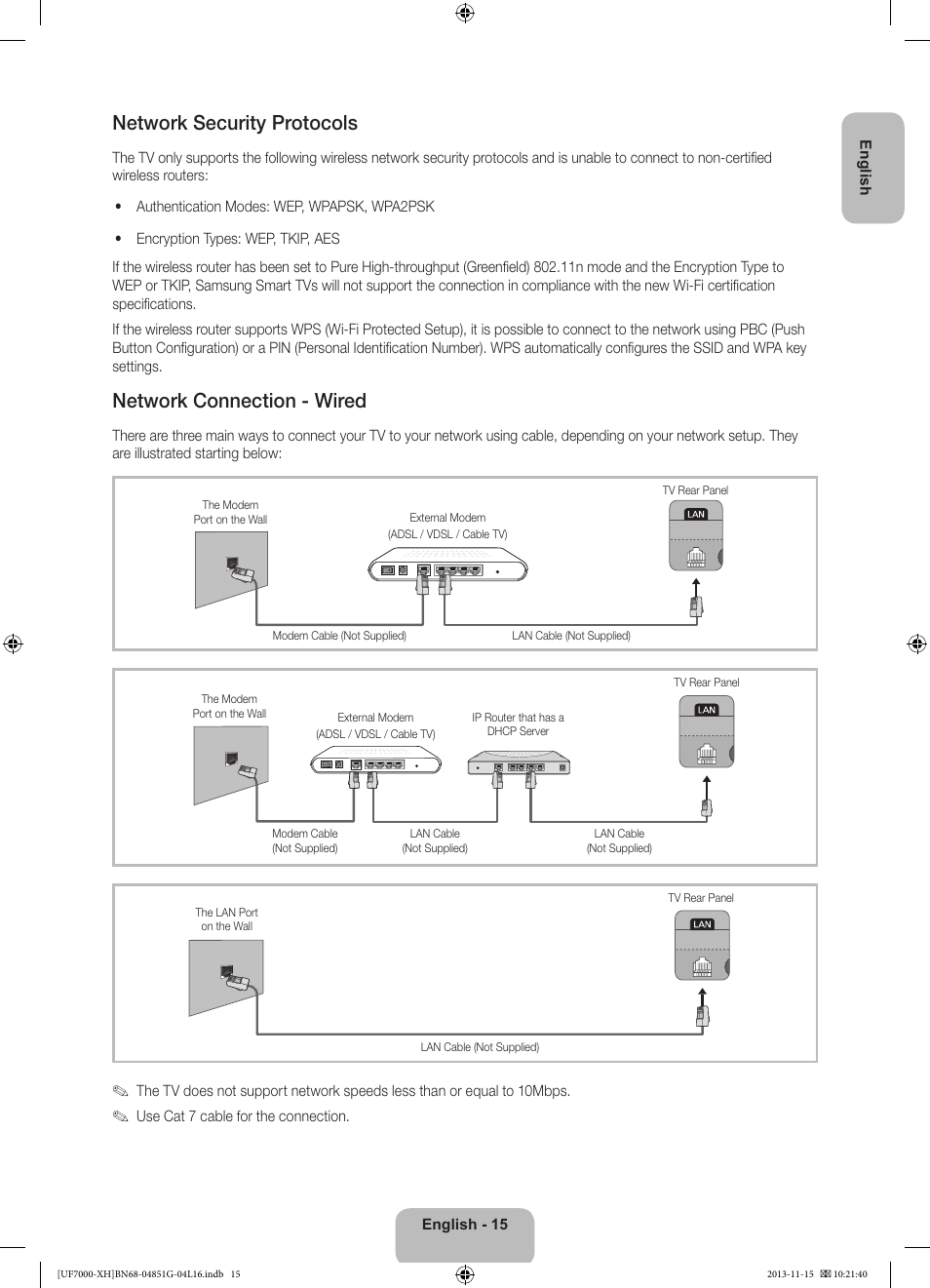 Network security protocols, Network connection - wired | Samsung UE40F7000ST User Manual | Page 15 / 385