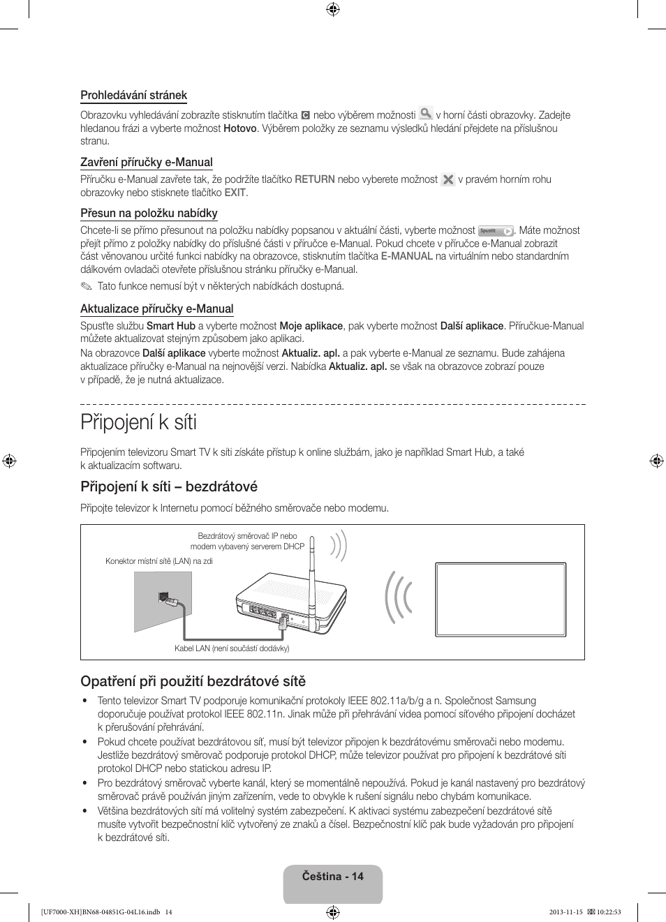 Připojení k síti, Připojení k síti – bezdrátové, Opatření při použití bezdrátové sítě | Samsung UE40F7000ST User Manual | Page 158 / 385