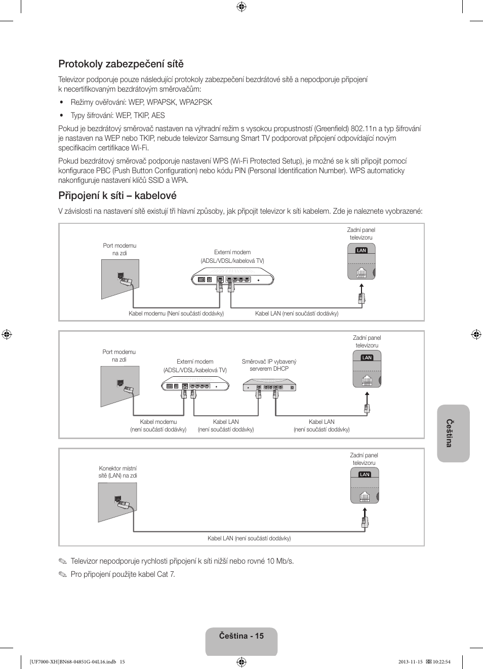 Protokoly zabezpečení sítě, Připojení k síti – kabelové | Samsung UE40F7000ST User Manual | Page 159 / 385