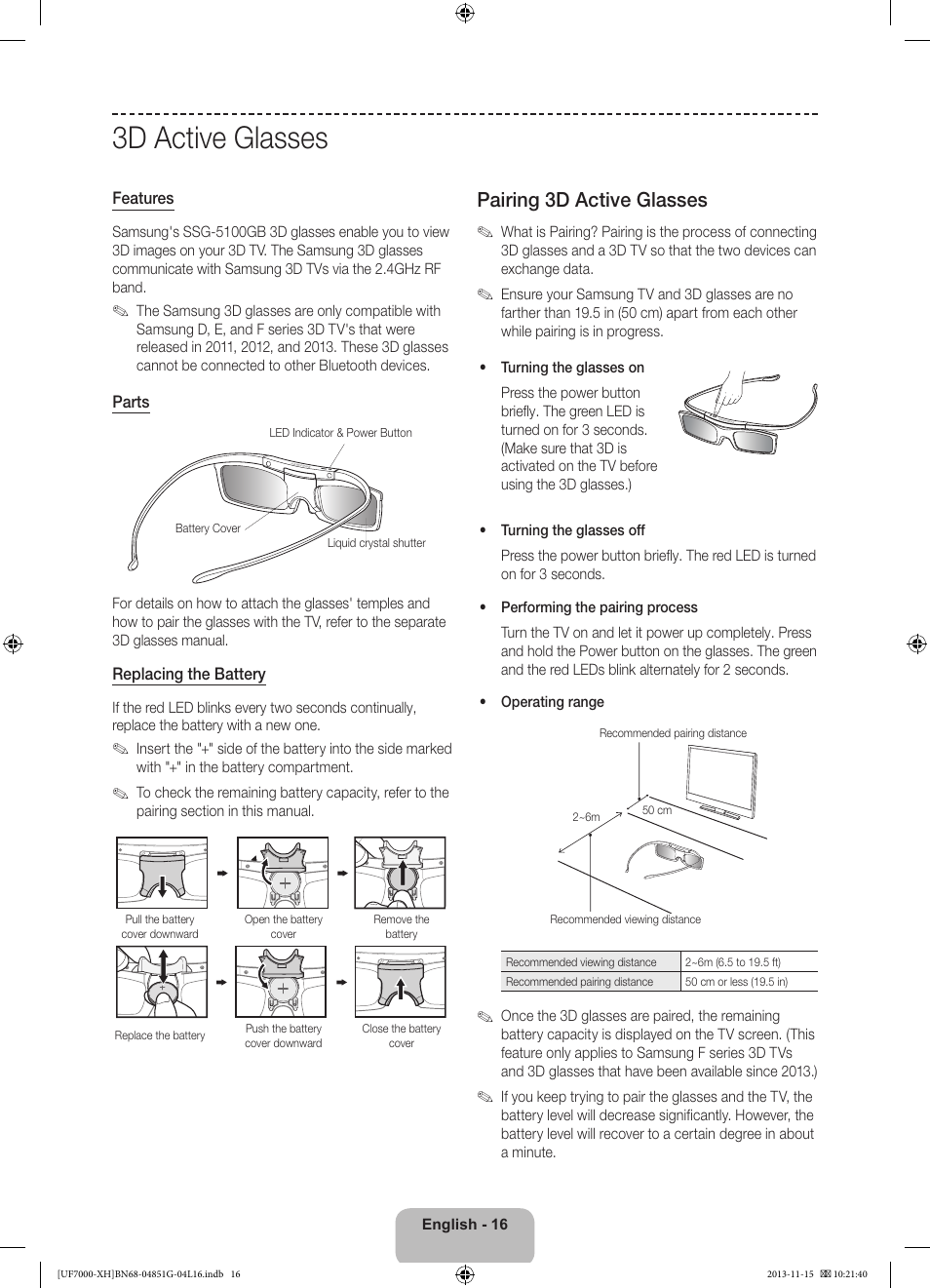 3d active glasses, Pairing 3d active glasses | Samsung UE40F7000ST User Manual | Page 16 / 385