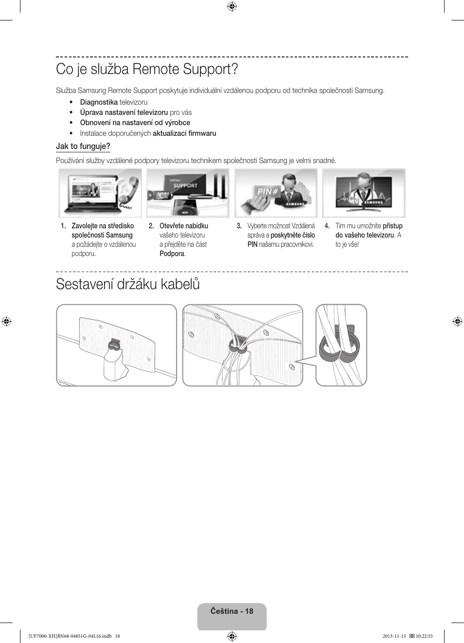 Co je služba remote support, Sestavení držáku kabelů | Samsung UE40F7000ST User Manual | Page 162 / 385