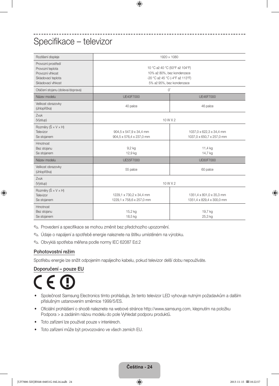 Specifikace – televizor | Samsung UE40F7000ST User Manual | Page 168 / 385