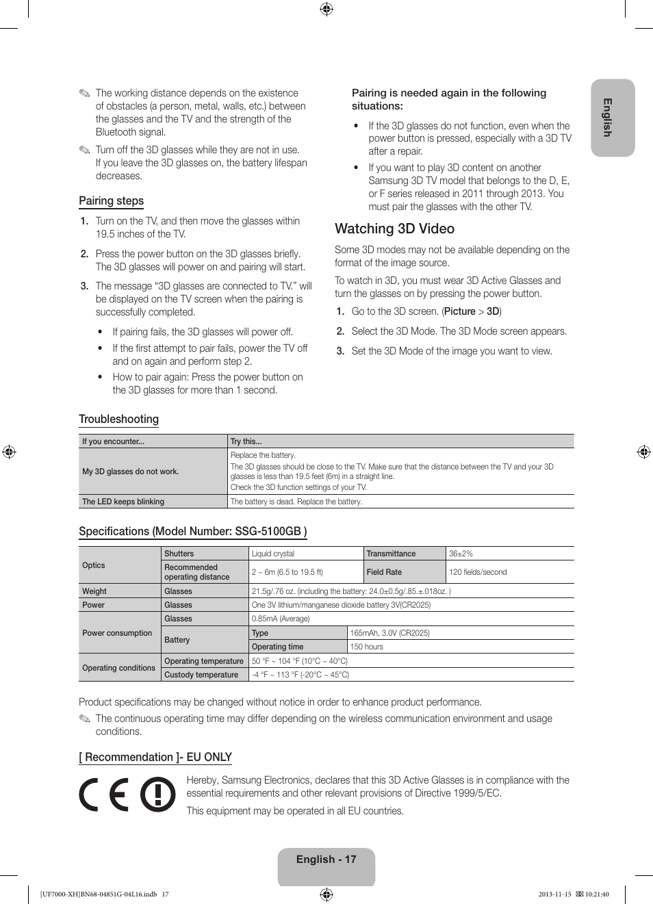 Watching 3d video | Samsung UE40F7000ST User Manual | Page 17 / 385