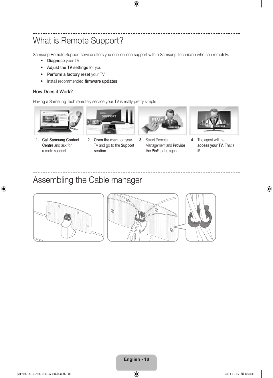 What is remote support, Assembling the cable manager | Samsung UE40F7000ST User Manual | Page 18 / 385