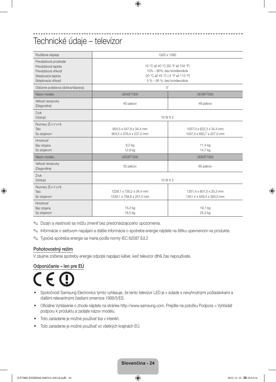 Technické údaje – televízor | Samsung UE40F7000ST User Manual | Page 192 / 385