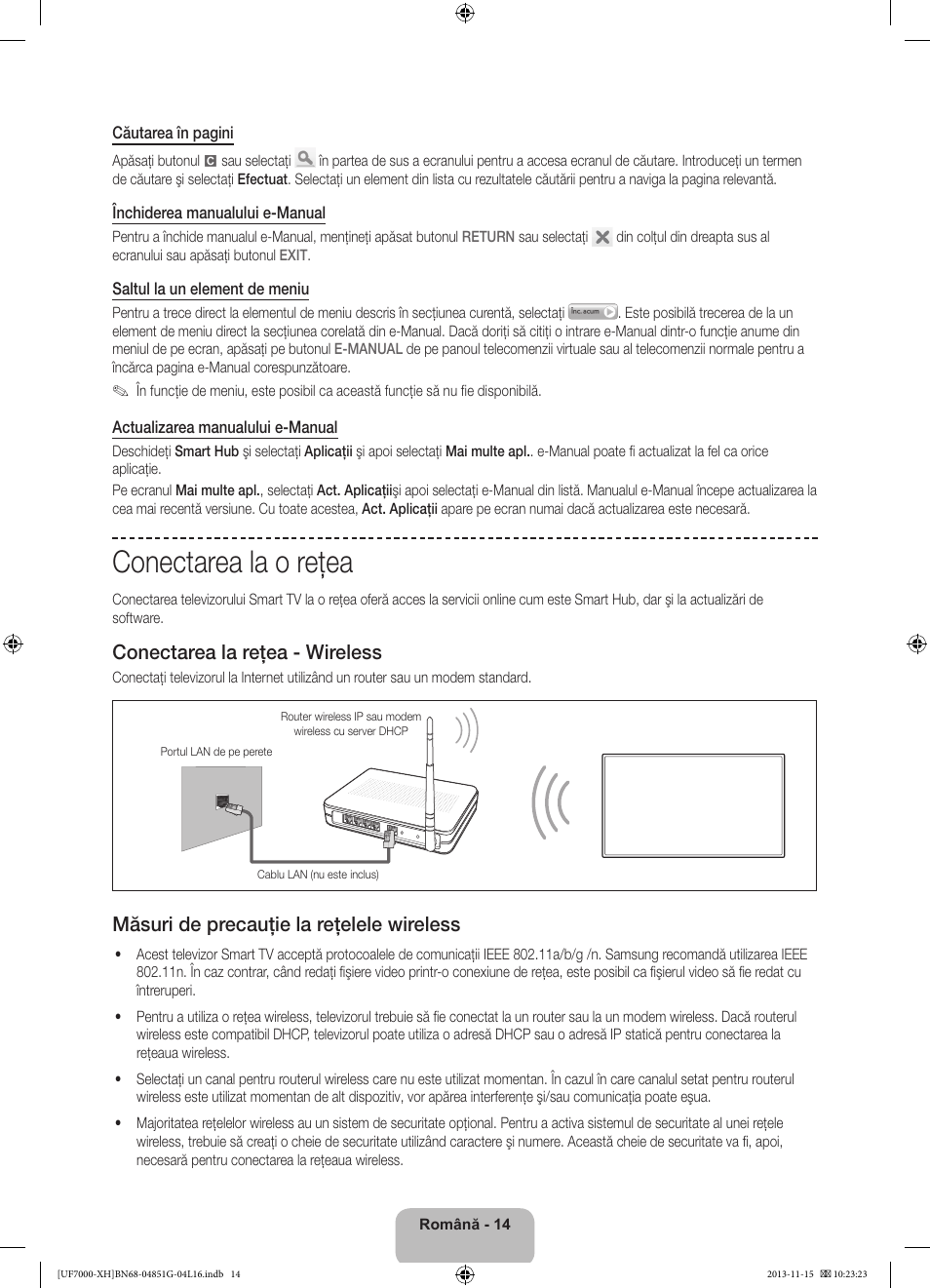 Conectarea la o reţea, Conectarea la reţea - wireless, Măsuri de precauţie la reţelele wireless | Samsung UE40F7000ST User Manual | Page 206 / 385