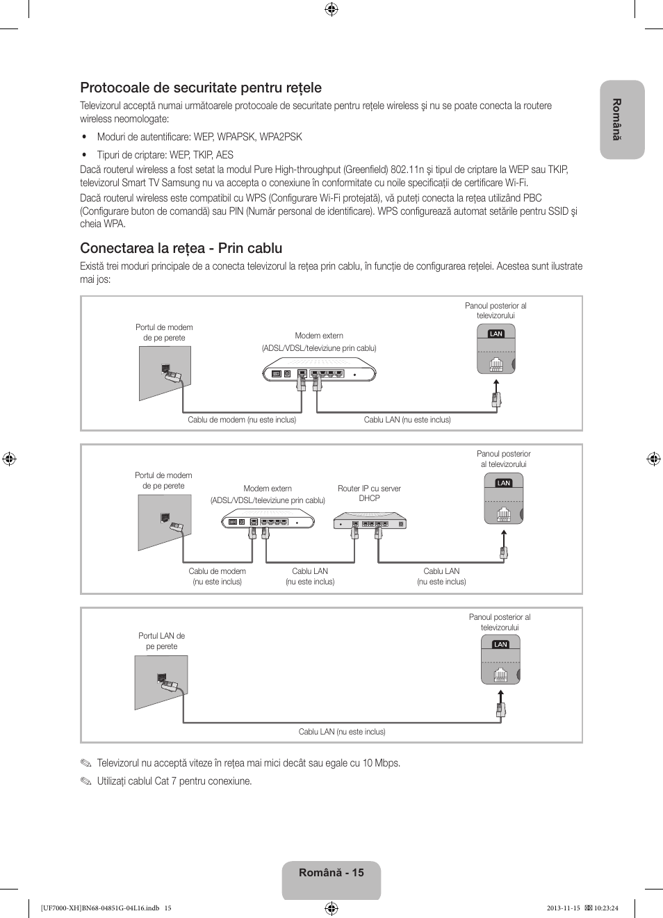 Protocoale de securitate pentru reţele, Conectarea la reţea - prin cablu | Samsung UE40F7000ST User Manual | Page 207 / 385