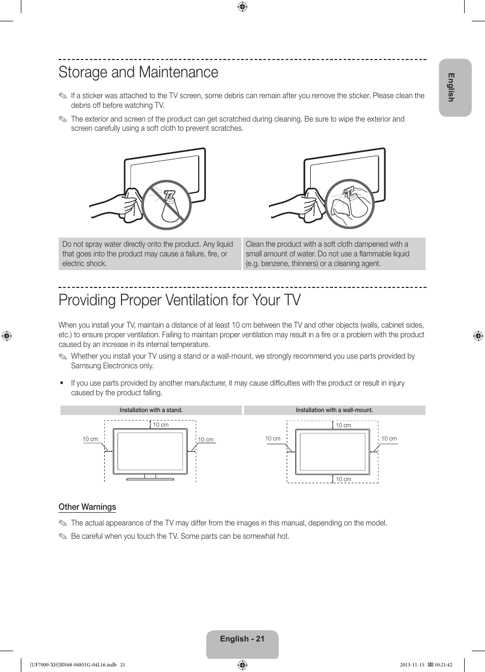 Storage and maintenance, Providing proper ventilation for your tv | Samsung UE40F7000ST User Manual | Page 21 / 385