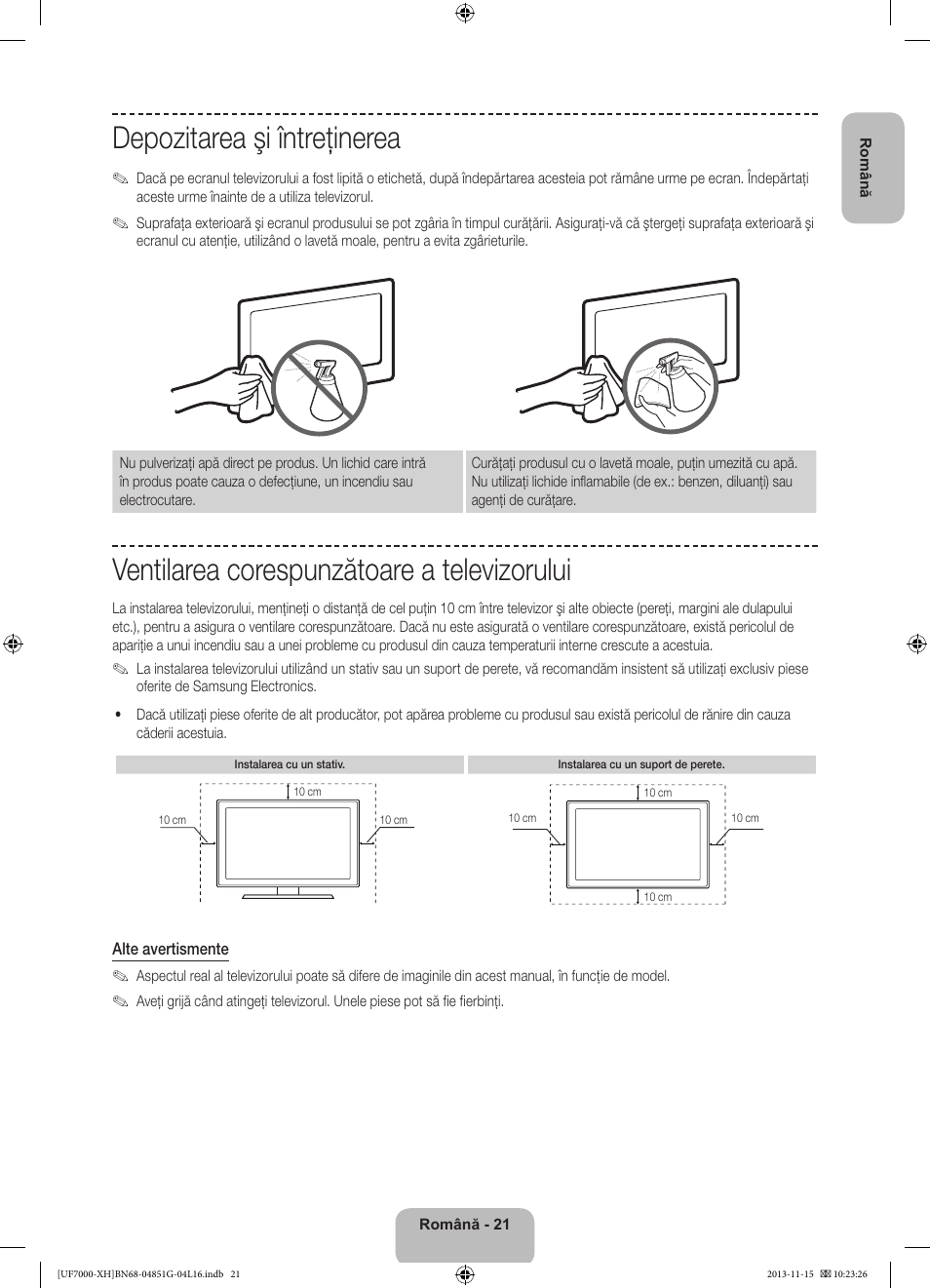 Depozitarea şi întreţinerea, Ventilarea corespunzătoare a televizorului | Samsung UE40F7000ST User Manual | Page 213 / 385