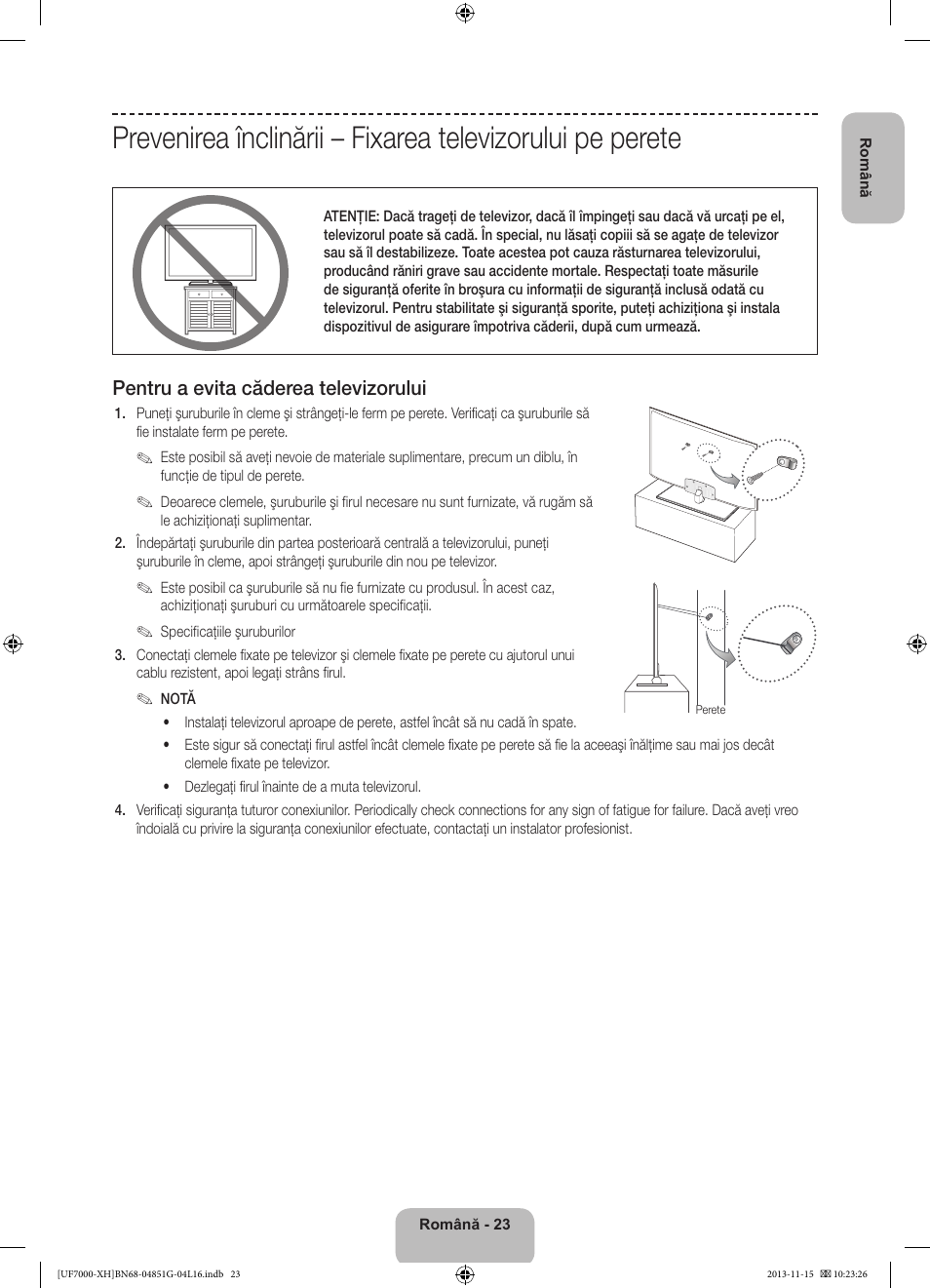 Pentru a evita căderea televizorului | Samsung UE40F7000ST User Manual | Page 215 / 385