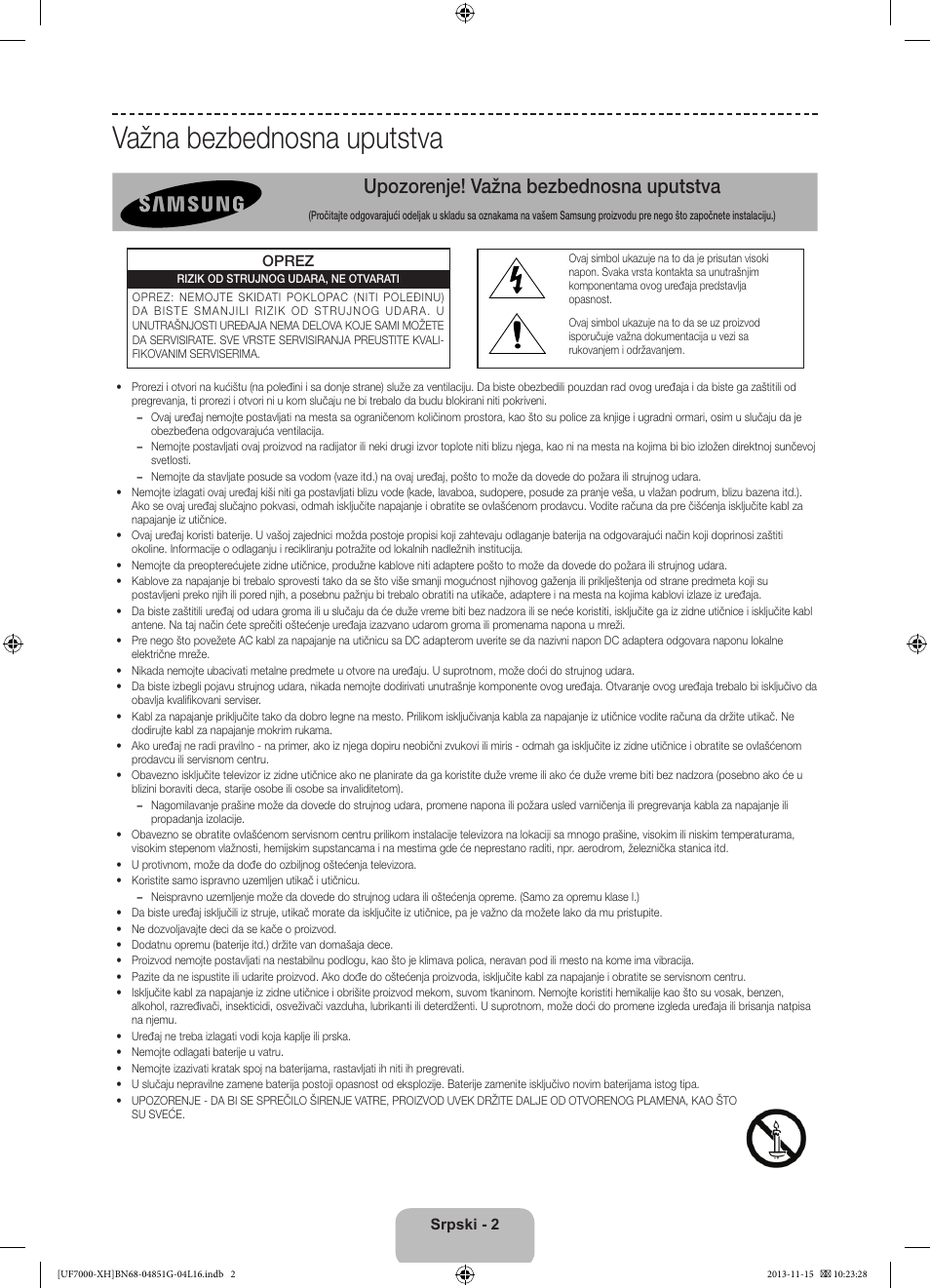 Važna bezbednosna uputstva, Upozorenje! važna bezbednosna uputstva | Samsung UE40F7000ST User Manual | Page 218 / 385