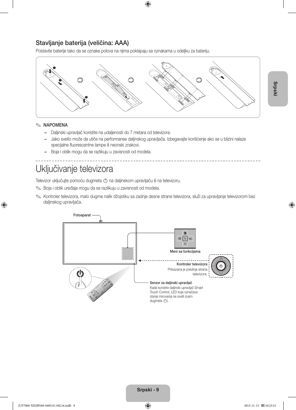 Uključivanje televizora, Stavljanje baterija (veličina: aaa) | Samsung UE40F7000ST User Manual | Page 225 / 385