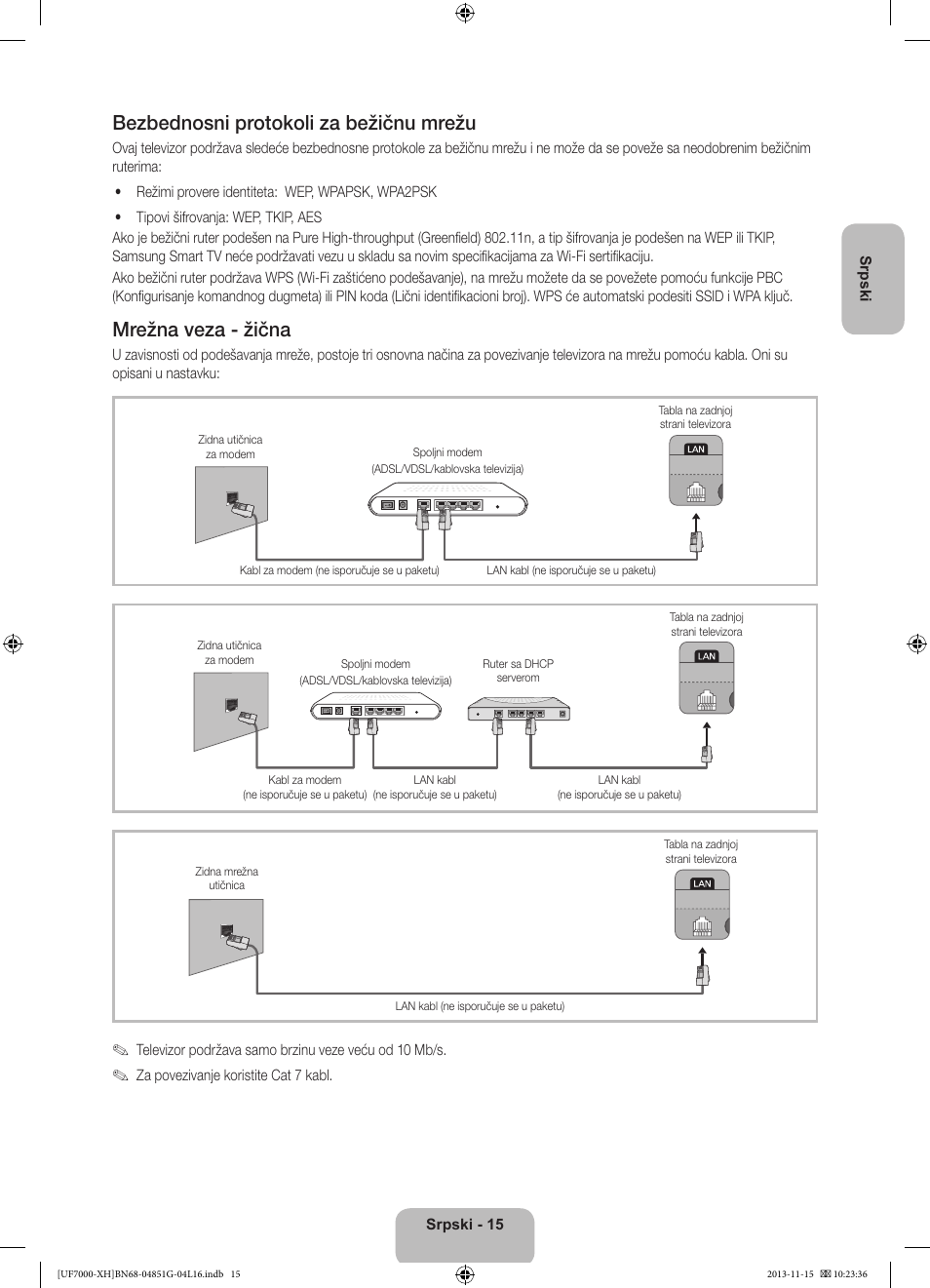 Bezbednosni protokoli za bežičnu mrežu, Mrežna veza - žična | Samsung UE40F7000ST User Manual | Page 231 / 385